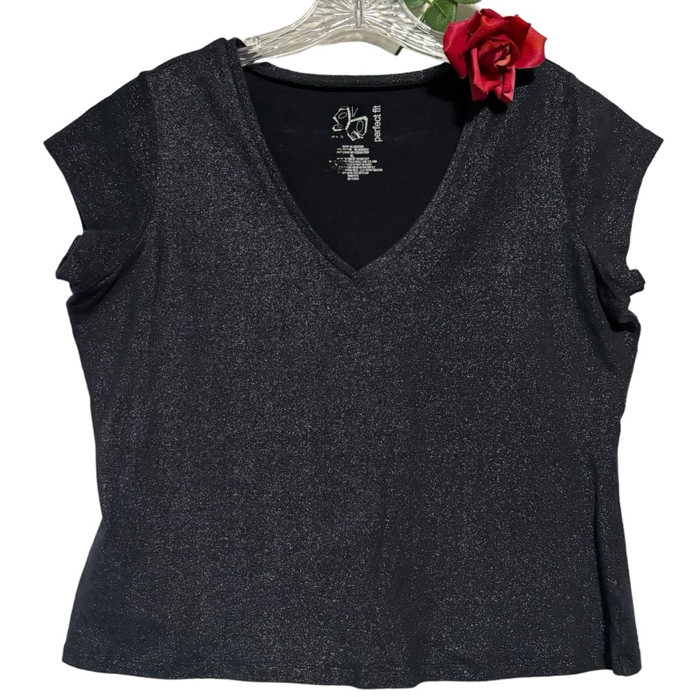 Perfect fit dark navy blue sparkly V-neck top XL Cap sleeve sleeveless LIKE NEW